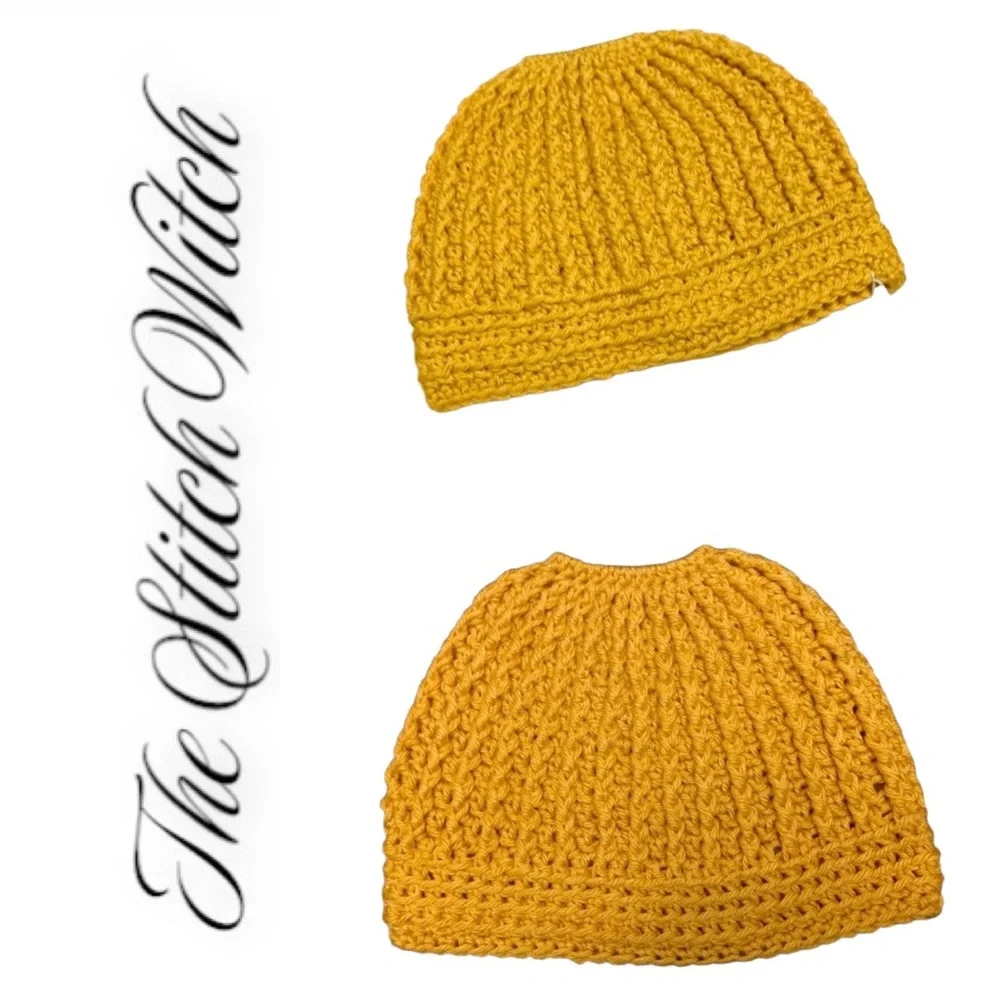 🔥SOLD🔥 Crochet Mustard Yellow Messy Bun Ponytail Beanie - Picture 7 of 14